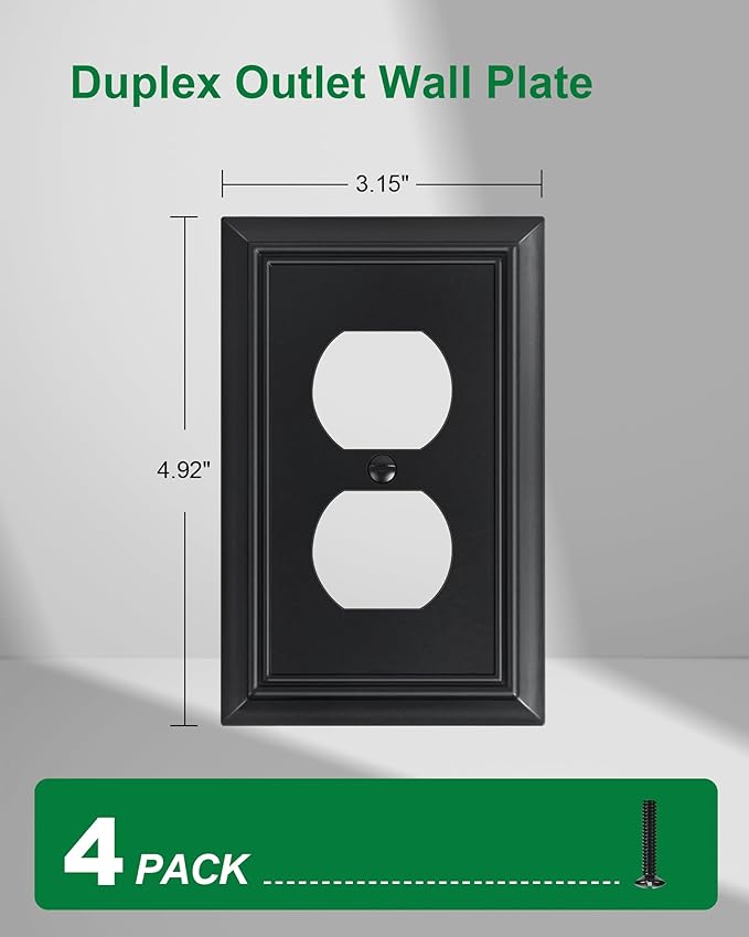 4-Pack Duplex Outlet Cover Plate, Decorative Matte Black Switch Plates and Outlet Covers, Natural Bamboo Fiber Wall Plates for Electrical Outlets, 1 Gang Receptacle Cover, Corrosion Resistant