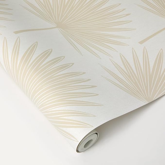 Tempaper Sandstone & Off-White Stamped Palm Removable Peel and Stick Boho Wallpaper, 20.5 in X 16.5 ft, Made in The USA