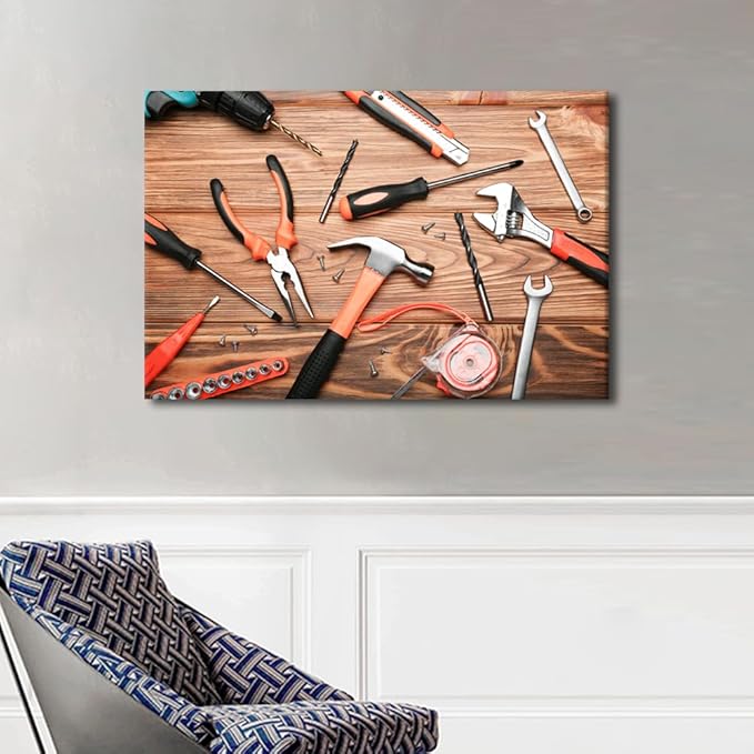 Large Wall Decor For Living Room 1 Piece Wooden Table Old Tools Canvas Wall Art Screwdriver Gloves Pictures Print Artwork for Repair Shop Decor Wooden Framed Gallery Artwork Gifts (24" Wx36 H)