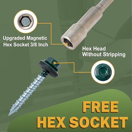 LIONMAX Metal Roofing Screws #14 x 1 Inch, 300-PCS, Forest/Ivy Green Painted Hex Head Sheet Metal Screw with Rubber Washer, Sharp Point, for Roofing and Siding, Hex Socket Included