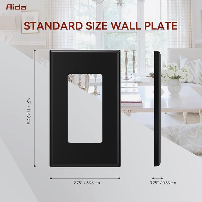 AIDA 1-Gang Screwless Light Switch Cover Plate, Standard Decorative Outlet Covers - Glossy Black, 10-Pack Unbreakable Polycarbonate Wall Plates for Decorator Device, UL Listed, 4.5" H x 2.75" L