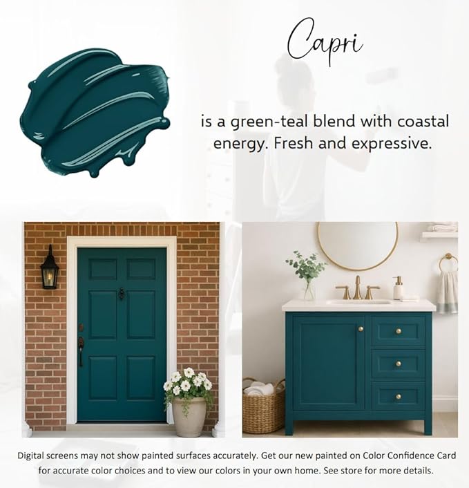 ALL-IN-ONE Paint by Heirloom Traditions, Capri (Green Teal), Quart - Durable cabinet and furniture paint. Built in primer and top coat, no sanding needed. Includes our 30 featured color card.