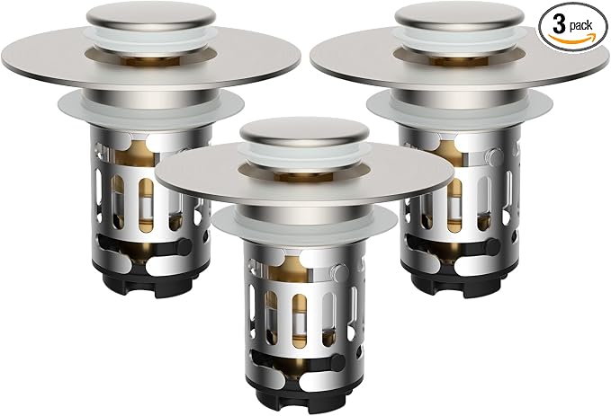 Hibbent 3 Pack 3 in 1 Bathroom Sink Drain Strainer, Universal Pop Up Stopper with Removable Stainless Steel Filter Basket Hair Catcher, Sink Plug for 1.1''~2.36'' Basin, Brass Core, Brushed Nickel