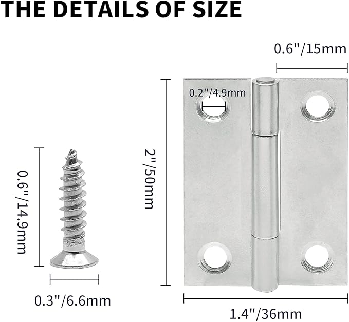 2 Inch Nickel Door Hinges, 10 Pcs Stainless Steel Folding Butt Hinges with Screws