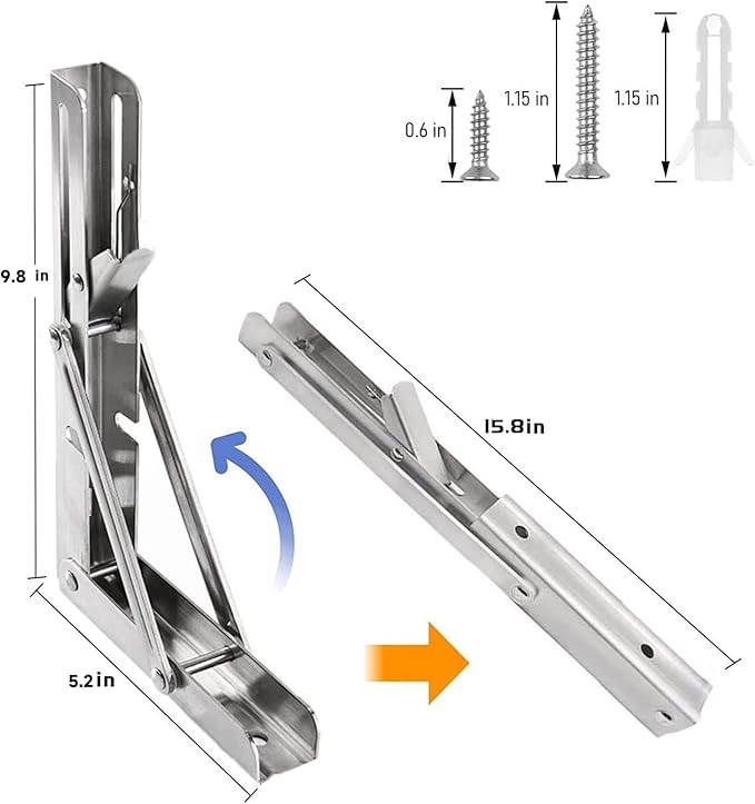 Folding Shelf Brackets 10 inch 4 Pcs Max. Load 220lb - Heavy Duty Stainless Steel DIY Wall Mounted Collapsible Shelf Bracket, Space Saving for Garage Workstation, Stuff Supports, Table, Workbench