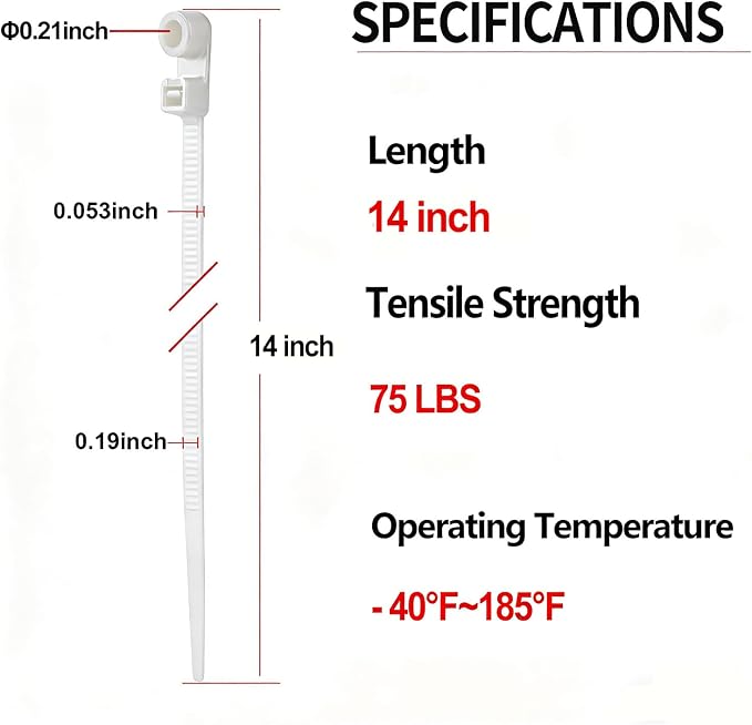 200 PCS 14 inch White Zip Ties with Screw Hole 70lbs Mountable head Cable Ties Straps Multipurpose Heavy Duty Nylon Cable Zip Ties with Screw Mounting Hole