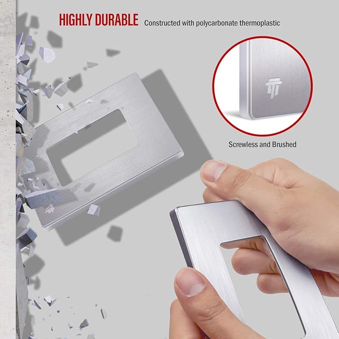 ENERLITES Elite Series Screwless Decorator Wall Plate Child Safe Outlet Cover, Gloss Finish, Size 1-Gang 4.68" H x 2.93" L, Unbreakable Polycarbonate Thermoplastic, SI8831-BSV, Brushed Silver