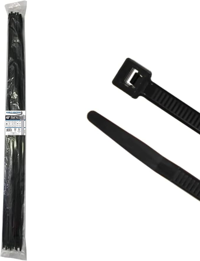 Kable Kontrol Heavy Duty Cable Zip Ties 50 Pcs 48 Inch Black, 175 Lbs Tensile Strength, Self-locking UV Resistant Plastic Nylon Wire Ties, for Indoor or Outdoor Use