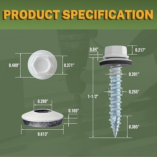 LIONMAX Metal Roofing Screws #14 × 1-1/2 Inch, 300-PCS, White Painted Hex Head Sheet Metal Roof Screws, Rubber Washer, Sharp Point, Metal to Wood Siding Screw, Hex Socket Included