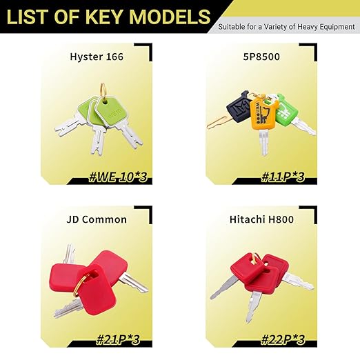 Heavy Equipment Keys Master Set, 12 PCS Construction Machine Ignition Key for CAT Caterpillar 5P8500 Hyster 166 JD Hitachi