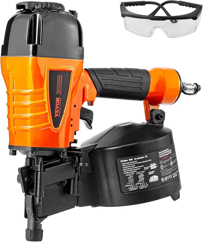VEVOR Coil Siding Nailer CN65, 1-1/4" to 2-1/2" 15 Degree Pneumatic Siding Nail Gun with Tool-Less Depth Adjustment, 70-120PSI Air Coil Nailer for Siding, Pallet Sheathing, Wooding, Fencing, Decking