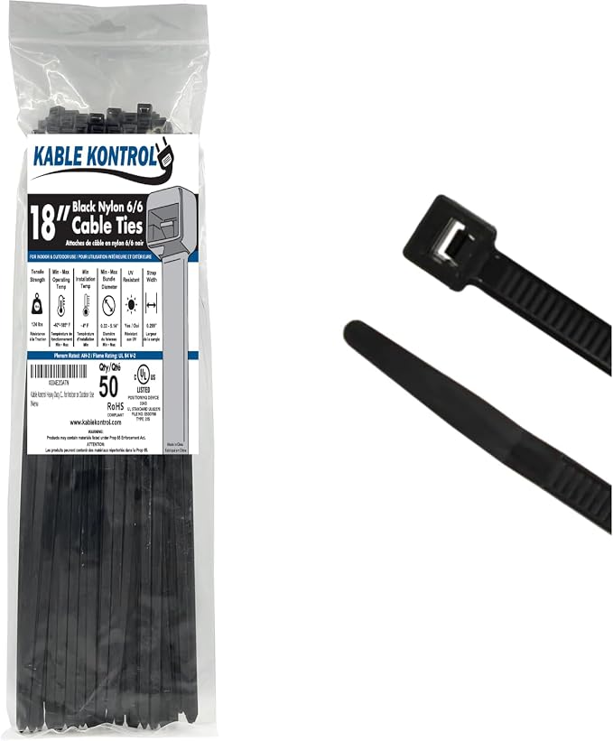Kable Kontrol Cable Zip Ties, 18 Inch, 50 Pcs, HD 120lbs Test, Black | Nylon Plastic, UV-Resistant, Self Locking, UL Listed, Indoor & Outdoor Use