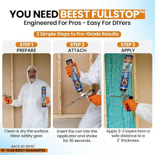 BEEST FullStop Fire-Rated Spray Foam Insulation for Walls & Attics - 480 Board ft/sq.ft - High Density Expanding Spray Insulation Foam Sealant for Thermal & Soundproofing - 24 Pack (24x26.8 oz)