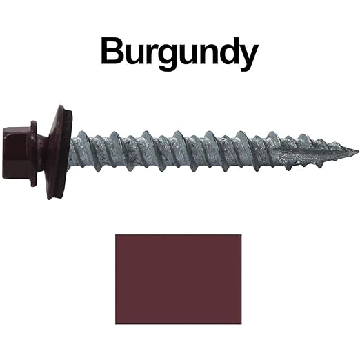 10 x 1-1/2" Burgundy Metal Roofing Screws - Hex Washer Head- Self-Starting/Tapping - EPDM Washer. 1 x 250 Count Bag - 250 Screws