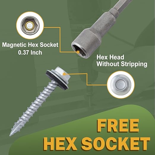 LIONMAX Metal Roofing Screws #14 x 1 Inch, 300-PCS, Rustproof Coating Hex Head Sheet Metal Screw with Rubber Washer, Sharp Point, for Roofing and Siding, Hex Socket Included