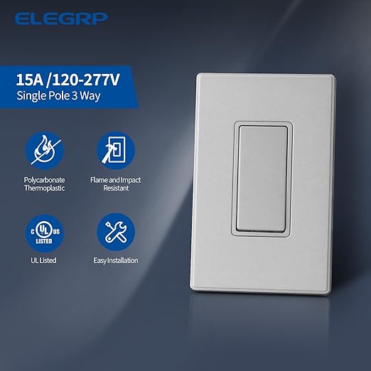 ELEGRP Matte Gray 3 Way Decorator Light Switch, 15A 120-277V, Paddle Rocker Switch Replacement, On/Off Wall Switch, Self-Grounding, Residential Grade, with Mid Wall Plate, UL/CUL, 1 Pack