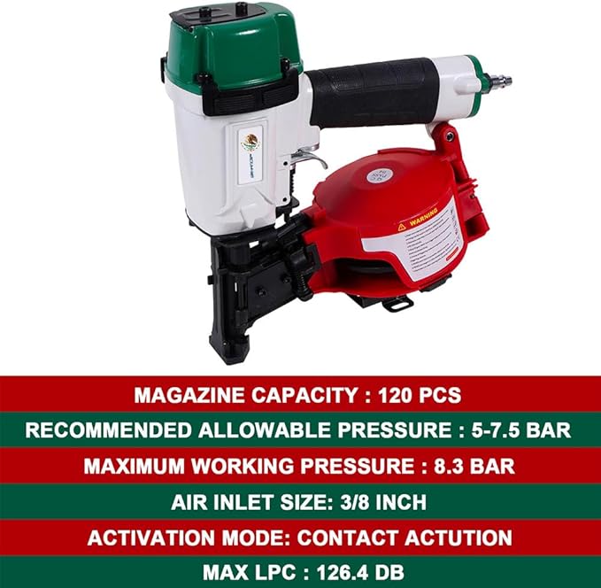 Mexican Style CN45N Roofing Nailer, 15 Degree Roofing Nail Gun, 3/4-Inch to 1-3/4-Inch Coil Nails, 120-pcs Load Capacity Coil Nailer