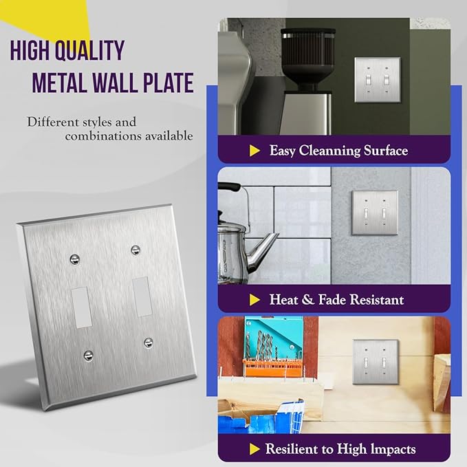 ENERLITES Toggle Light Switch Stainless Steel Wall Plate, Metal Plate Corrosive Resistant Cover for Rotary Dimmers Lights, Size 2-Gang 4.50" x 4.57", 7712, 430 Stainless Steel, UL Listed, Silver