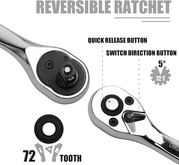 Egofine 53 Pieces 1/4 inch Drive Socket Ratchet Wrench Set with 72 Tooth Reversible Ratchet, with Bit Socket Set and Extension Bar for Auto Repairing and Household, with Storage Case