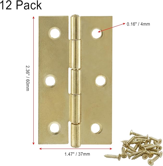 Murtenze 12 Pack 2.5 Inch Door Hinge, Gold Butt Hinges Ball Bearing, Window and Outdoor Hinges With Mounting Screws