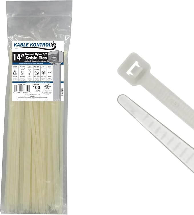 Kable Kontrol Heavy Duty Cable Zip Ties 100 Pcs 14 Inch, Natural White, 120 Lbs Tensile Strength, Self-Locking Nylon Clear Plastic Wire Ties Wraps for Indoor or Outdoor Use