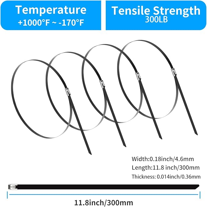 XINGO 11.8 Inch Metal Zip Ties (200 Pack), 304 Stainless Steel Heavy Duty Zip Ties, 300lbs Tensile Strength, Multi-Purpose Self-locking Cable Ties for Exhaust Wrap, Outdoor and Canopy Etc