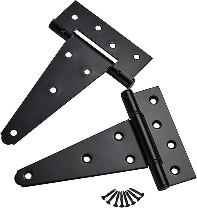 6 Inch T-Strap Shed Door Hinges Heavy Duty,Black Tee Hinge for Wooden Fences,Yard Door,Barn Door Gates, Wrought Hardware Rustproof,2Pack/Set