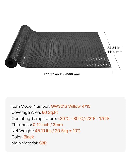 VEVOR Rubber Flooring Roll, 4 x 15 ft SBR Diamond-Plate Rubber Mat, 3mm Thickened, Easy to Clean, Customizable Size, Non-Slip Floor Protector Mat for Under Cars, Garage, Warehouse, Industry Gym, Black