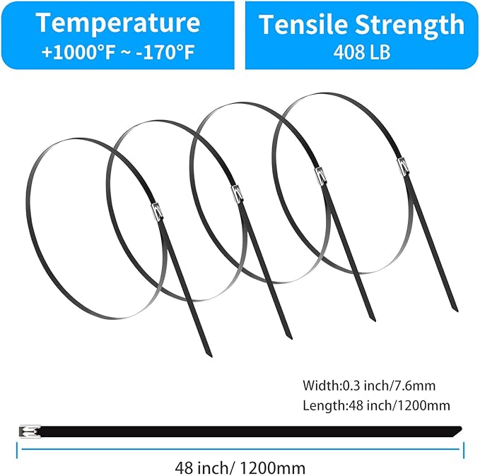 XINGO 48 inch Metal Long Zip Ties Heavy Duty 25 Pack, 304 Stainless Steel Zip Ties, 408 lbs Tensile Strength, Multi-Purpose Self-Locking Cable Ties for Exhaust Wrap, Outdoor and Canopy Etc
