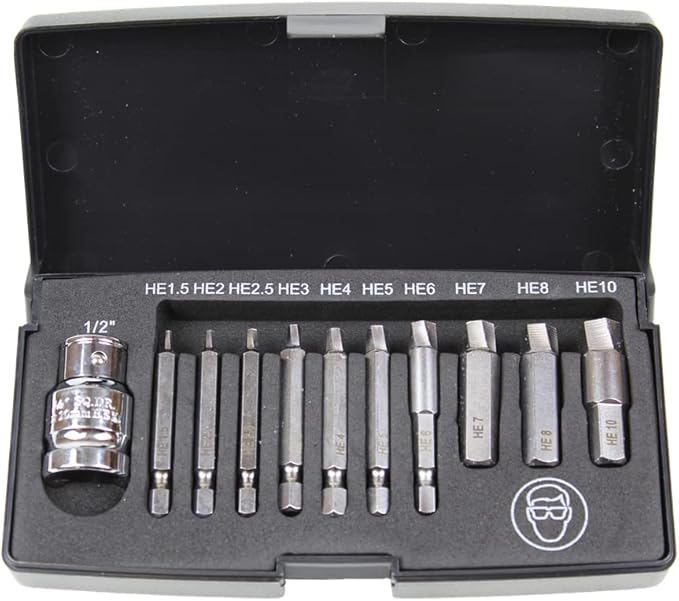 K Tool International 75422 Hex Screw Extractor Set for Garages, Repair Shops and DIY, Silicon Alloy Steel, Heat-treated, Chrome-plated, (3) 1/4", (3) 10mm, (1) 1/2" Drives, Damaged Screws, Molded Case