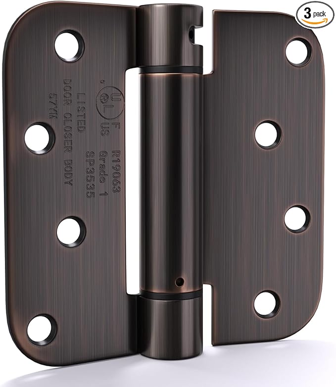 goldenwarm 3 Pack 4 Inch Oil Rubbed Bronze Self Closing Door Hinges with 5/8'' Radius Corners - Adjustable Tension Soft Close Hinges for Interior/Exterior Doors, Durable & Quiet Closure