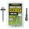 LIONMAX Metal Roofing Screws #14 × 1-1/2 Inch, 300-PCS, White Painted Hex Head Sheet Metal Roof Screws, Rubber Washer, Sharp Point, Metal to Wood Siding Screw, Hex Socket Included