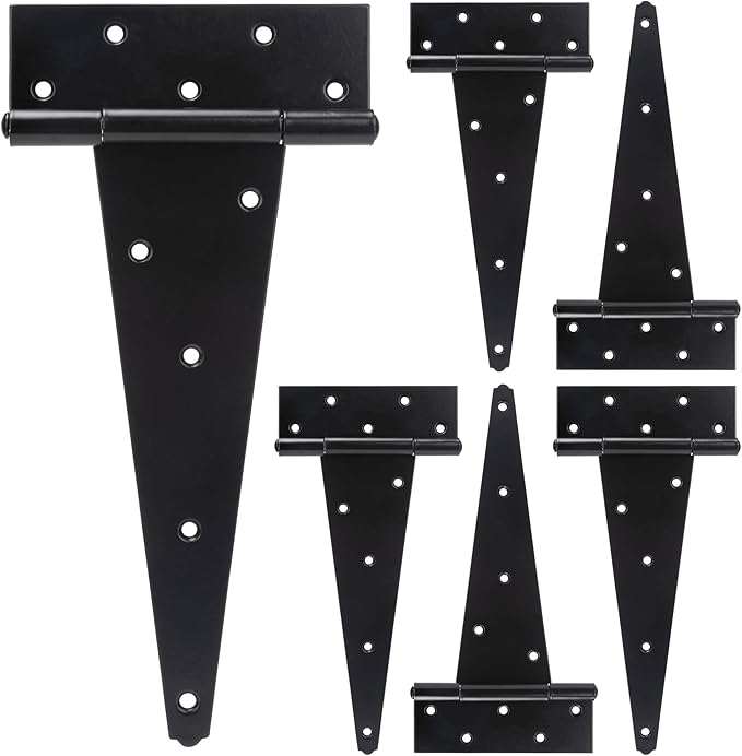 12 Inch T-Strap Shed Door Hinges Heavy Duty, Black Tee Hinge for Wooden Fences, Yard Door, Barn Door Gates, Wrought Hardware Rustproof, 6 PCS