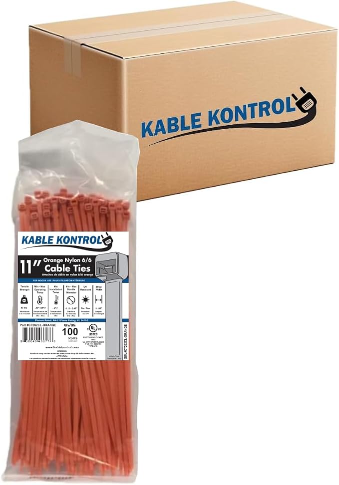 Kable Kontrol Cable Zip Ties, 11 Inch, 8500 Pcs, 50lbs Test, Orange | Nylon Plastic, Self Locking, UL Listed, Indoor Use