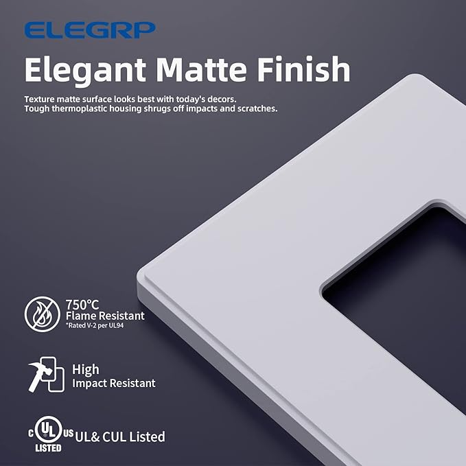 ELEGRP 1-Gang Screwless Decorative Wall Plates, Mid-Size Unbreakable Thermoplastic Faceplate Cover for Decorator Receptacle Outlet Switch, UL Listed (5 Pack, Matte White)