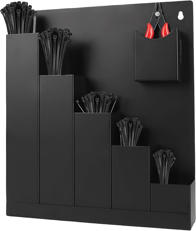 Cable Zip Tie Organizer, Wall Mount Zip Tie Holder, Including 250Pcs Black Zip Ties Assorted Sizes (4”+6”+8”+12”+14”) and 1 Zip Tie Cutter