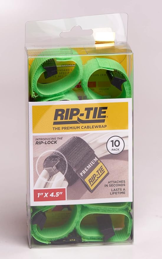 RIP-TIE 1 x 4.5 Rip-Lock CableWrap Cable Tie Perfect for Heavy Duty Cables 10 Pack Neon Green