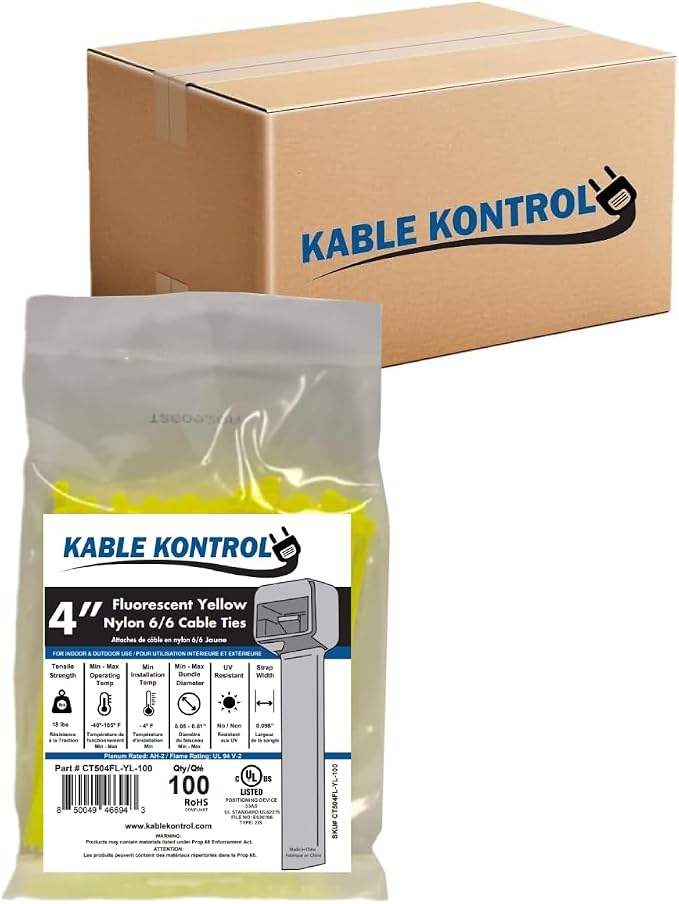 Kable Kontrol Cable Zip Ties, 4 Inch, 40000 Pcs, 18lbs Test, FL Yellow | Nylon Plastic, Self Locking, UL Listed, Indoor Use