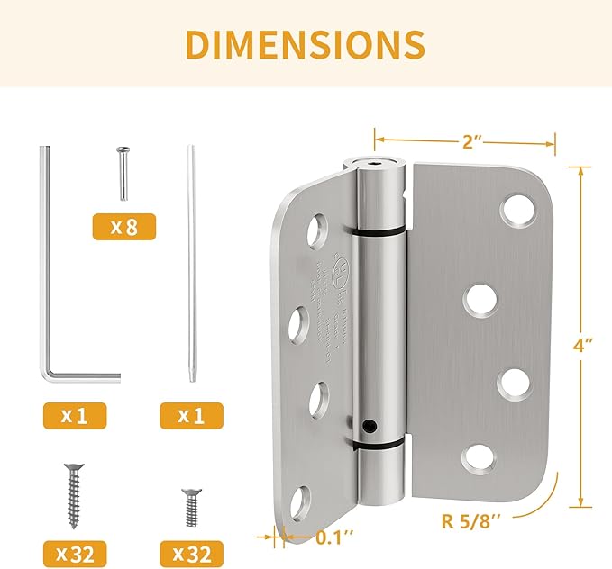 Luxbaro 4 Pack Self Closing Door Hinges, 4 Inch Spring Loaded With 5/8'' Radius Corners, Adjustable Tension for Garage, Front, Back, Left and Right Hand, UL Listed