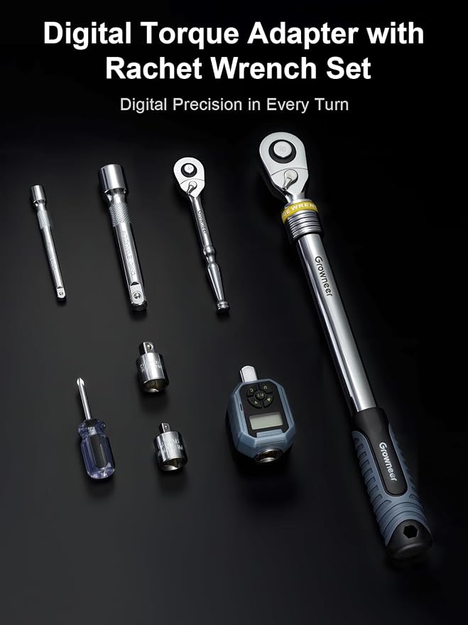 GROWNEER Torque Wrench with Adapter Set, 7.3-250.8 Ft-lbs / 10-340Nm, 1/2“ Drive Retractable 90 Tooth Click Wrench, Electronic Digital Torque Wrench Adapter with Buzzer & LED Indicator