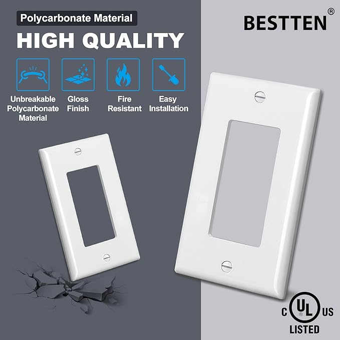 BESTTEN 40 Pack 1-Gang Switch Plates, Electrical Outlet Receptacle Covers, Unbreakable Polycarbonate Light Switch Cover, Standard Size 2.76” x 4.5”, UL Listed, Contractor Pack, White