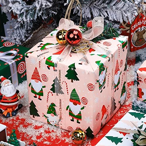 WRAPAHOLIC Reversible Gnome Christmas Wrapping Paper - Mini Roll - 17 Inch x 33 Feet - RRed Green Gnome Wrapping Paper and Pink White Polka Dots for Christmas, Holiday, Party