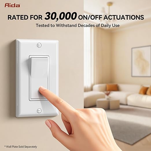 AIDA 1 Pack Single Pole Rocker Decora Light Switch, 15 Amp Self-grounding Electrical Light Switches, Residential Grade, UL Listed, Glossy White