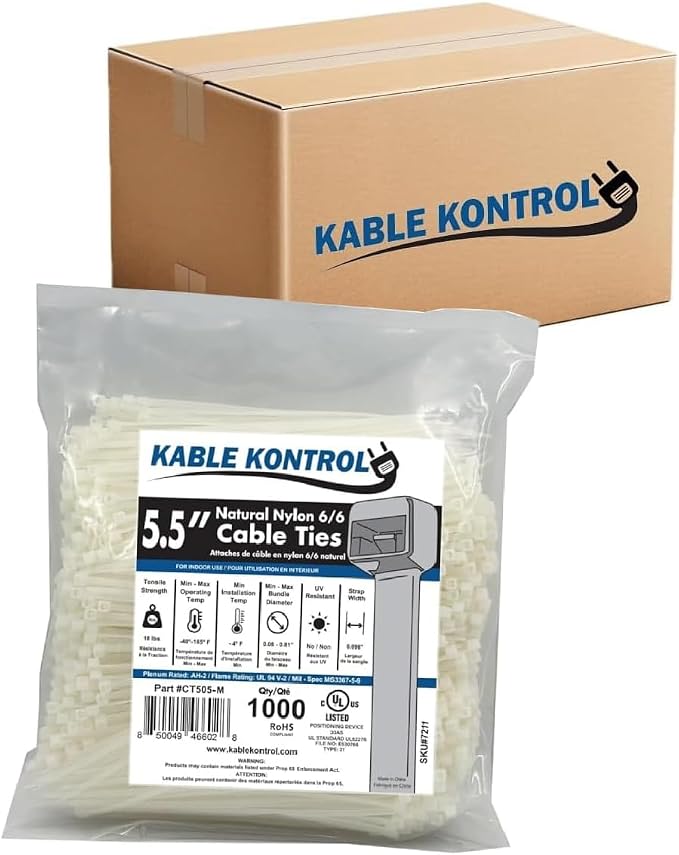 Kable Kontrol Cable Zip Ties, 5.5 Inch 30000 Pcs, 18lbs Test, Natural White | Nylon Plastic, Self Locking, UL Listed, Indoor Use