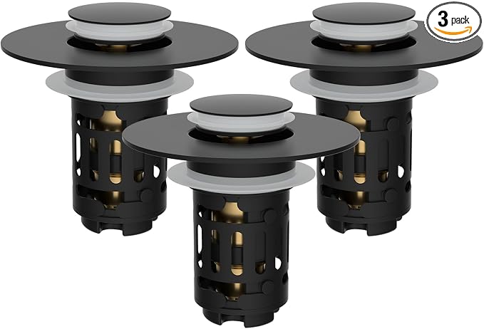 Hibbent 3 Pack 3 in 1 Bathroom Sink Drain Strainer, Universal Pop Up Stopper, Removable Stainless Steel Filter Basket Hair Catcher, Sink Plug for 1.1''~2.36'' Basin, Brass Bullet Core, Matte Black