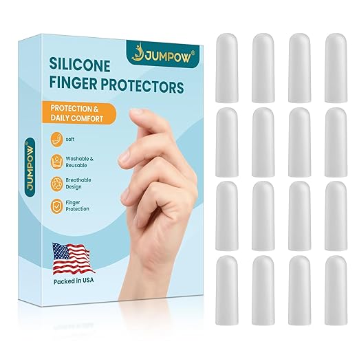 JUMPOW Gel Finger Cots Protectors, Finger Covers Caps Sleeves Silicone Flexible Shields for Fingertip Thumb Protection, Arthritis, Rubbing, Blisters, Hangnail & Pain Relief (Transparent, L, 16PCS)