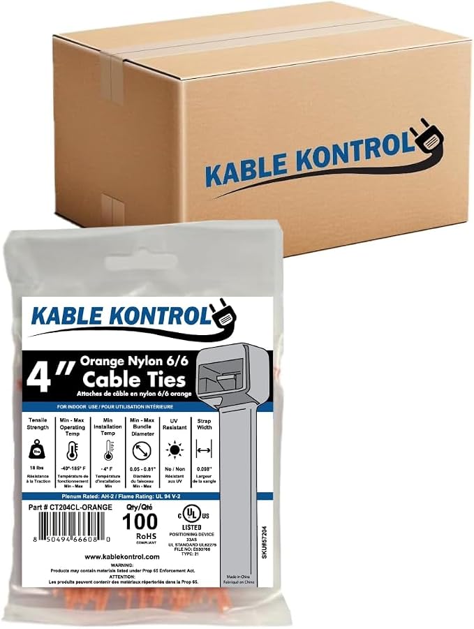 Kable Kontrol Cable Zip Ties, 4 Inch, 40000 Pcs, 18lbs Test, Orange | Nylon Plastic, Self Locking, UL Listed, Indoor Use
