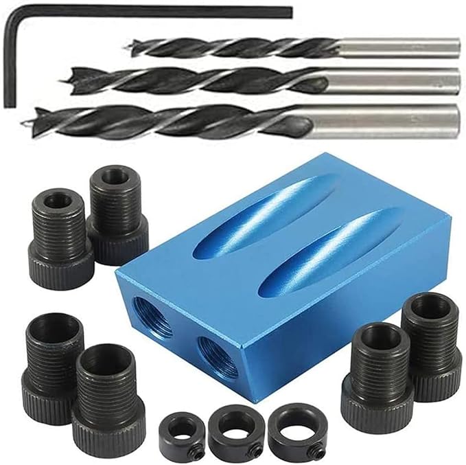 Pocket Hole Jig 14Pcs Kit - Woodwork Guides Joint Angle Tool Carpentry Locator - 15° Woodworking Inclined Hole Fixture 6/8/10mm Drill Bits Dowel Screw Drill Jig Joinery Kit Carpenters