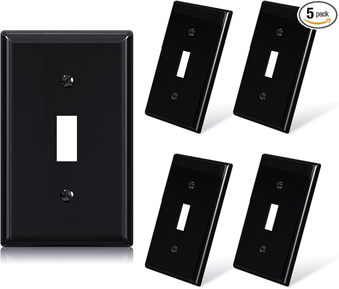 ELEGRP Toggle Light Switch Wall Plate, 1-Gang Standard Size Switch Covers, Unbreakable Polycarbonate Replacement Faceplates Covers, UL Listed, Color-matched Screws Included (5 Pack, Glossy Black)