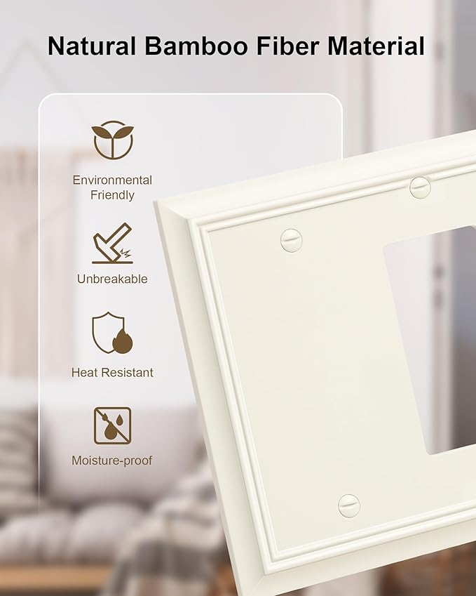 2-Pack Combo Blank/Decorator Wall Plate, Light Almond Decorative Switch Plates and Outlet Covers, Durable Natural Bamboo Fiber Wall Plate for Electrical Outlets, Receptacle, GFCI Outlet, Dimmer Switch